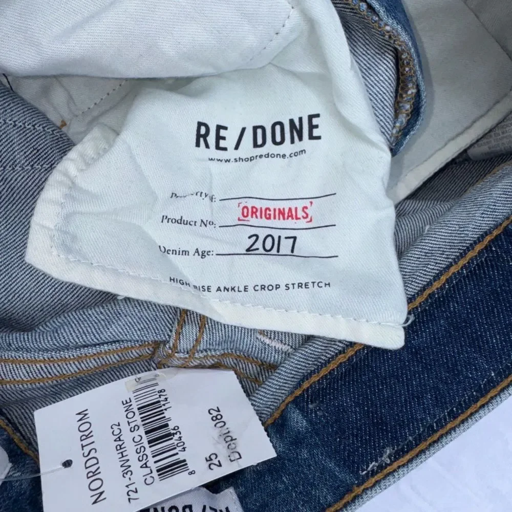 RE/Done High Rise Ankle Crop Stretch Jeans In Classic Stone Size 25